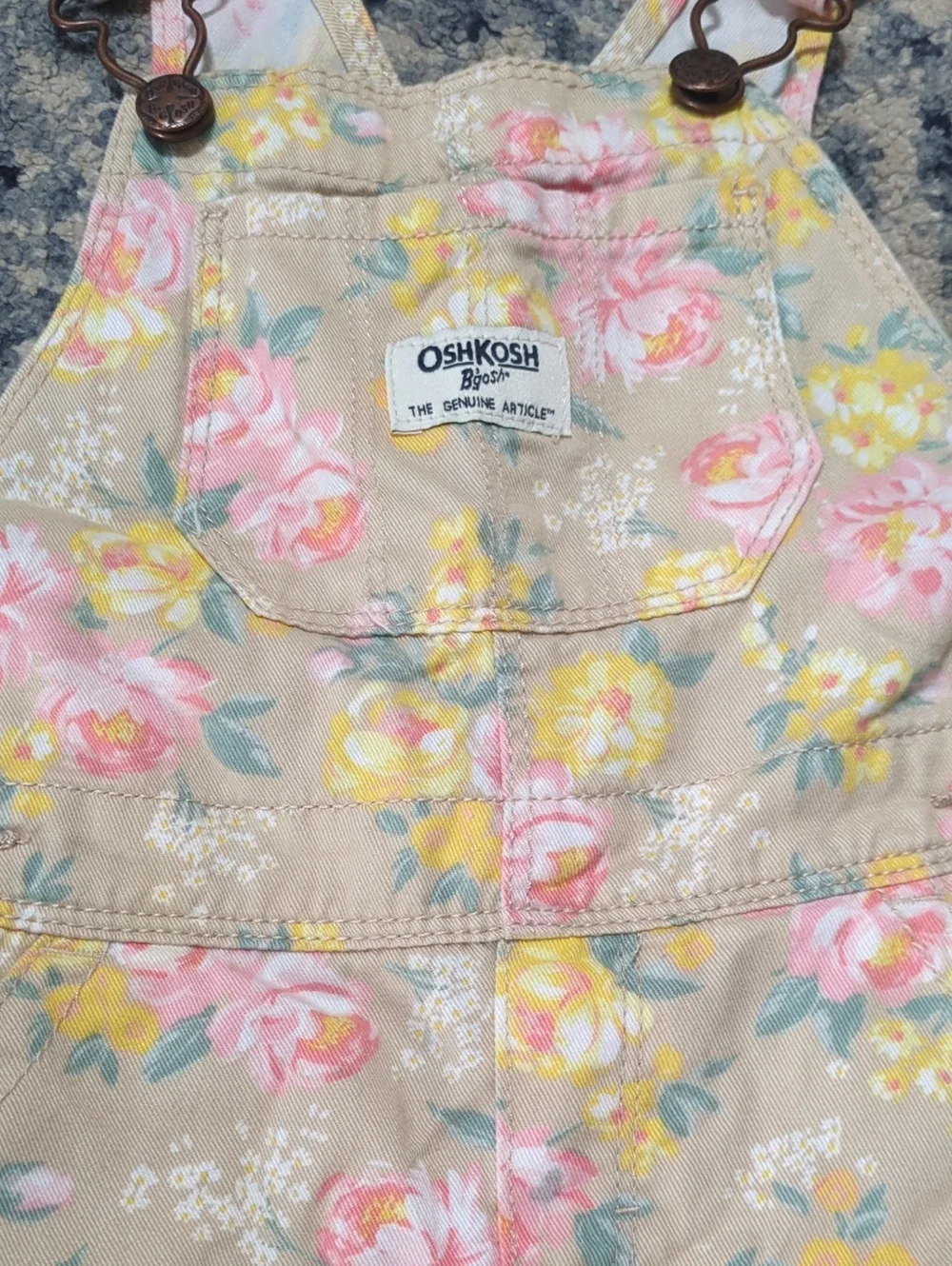 OshKosh B'gosh Tan Floral Girls' Overalls with Pink & Yellow Blossoms